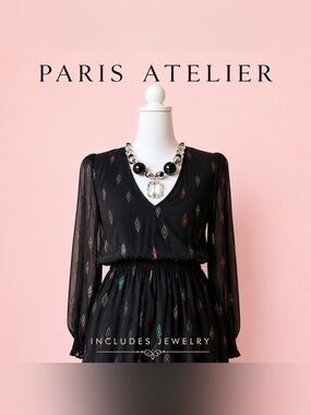 Paris Atelier Black Iridescent Dress XS Includes Jewelry Styled Set Boho